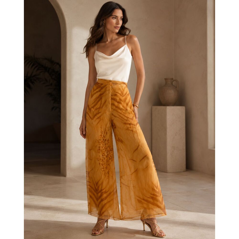 VTG Ricki Freeman for Teri Jon 100% Silk Pants Wide Leg Animal Print Size 10